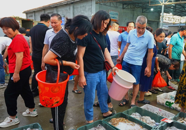 市民在攤位前挑選海產(chǎn)品。